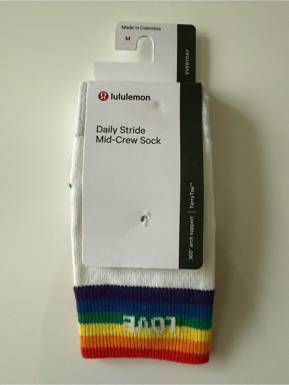 NWT lululemon athletica White Mid-Crew Sock with Rainbow LOVE Stripe